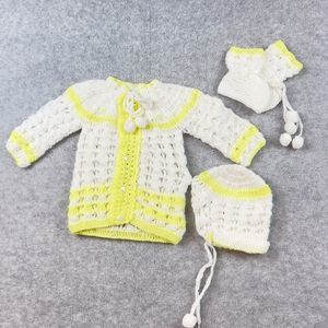 Vintage Handmade Yellow White Knit Baby Set Outfit Dress  Booties Bonnet Doll